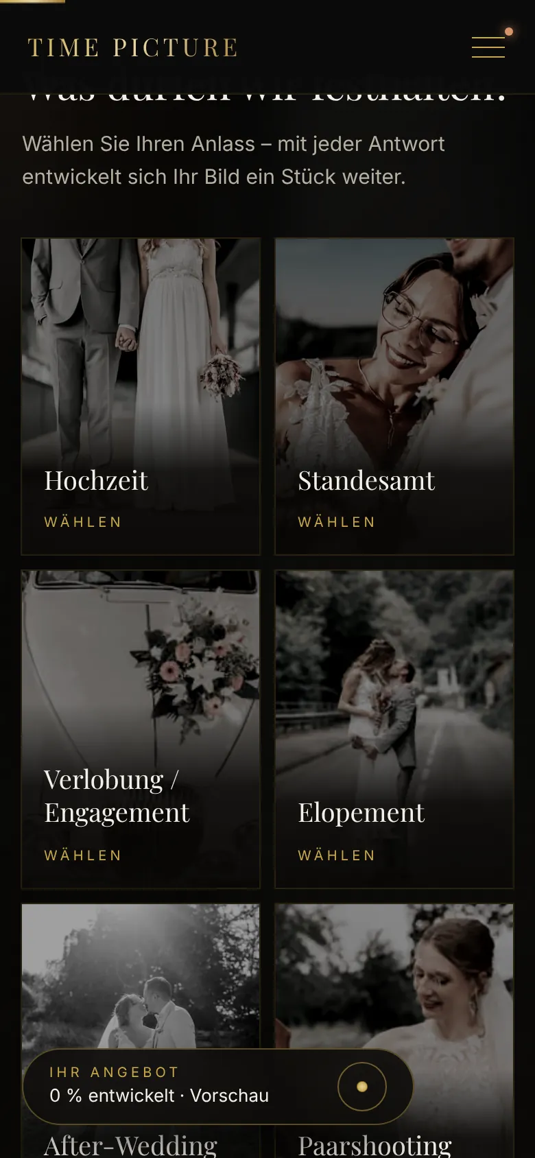 Angebotsrechner von time-picture.com auf dem Handy: Auswahl des Anlasses