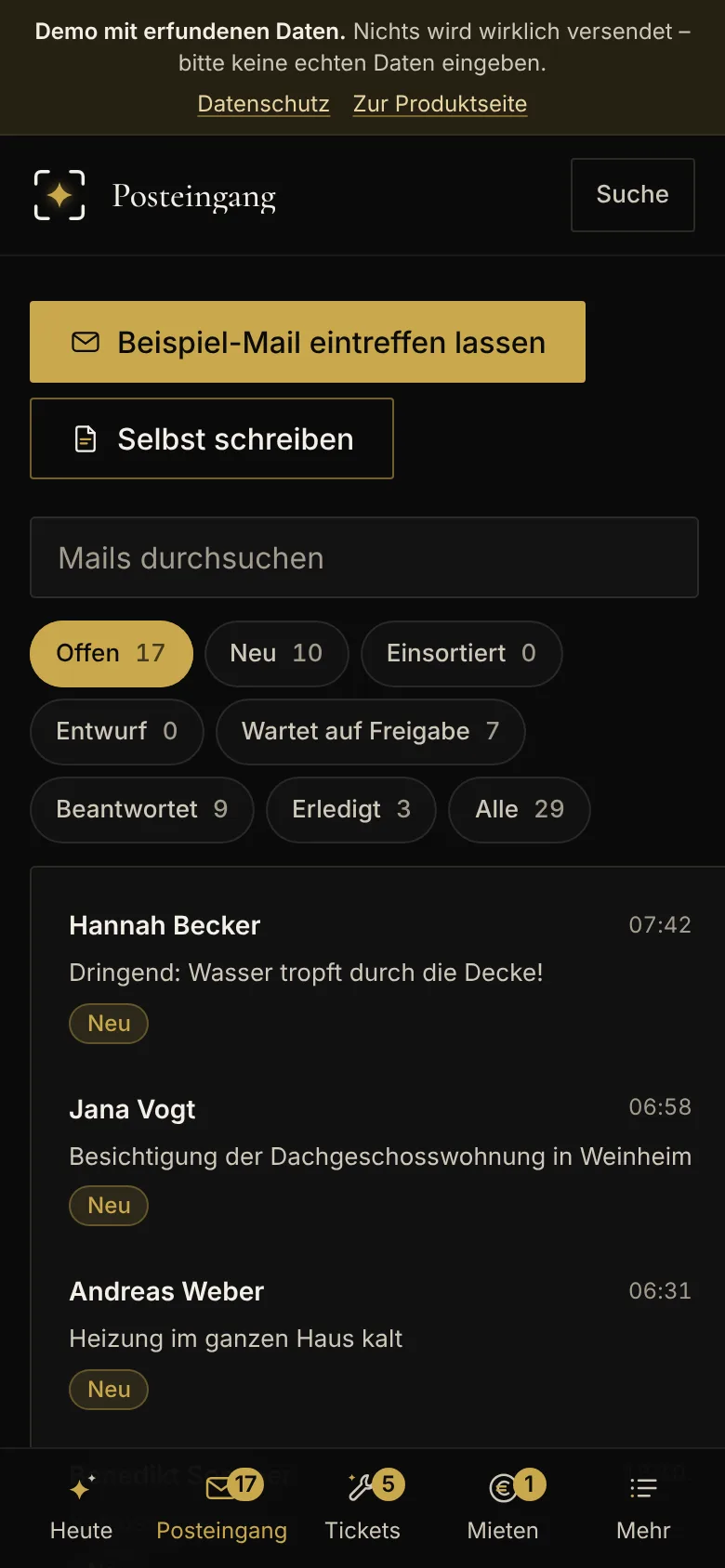 Demo der Hausverwaltung-KI auf dem Handy: Posteingang