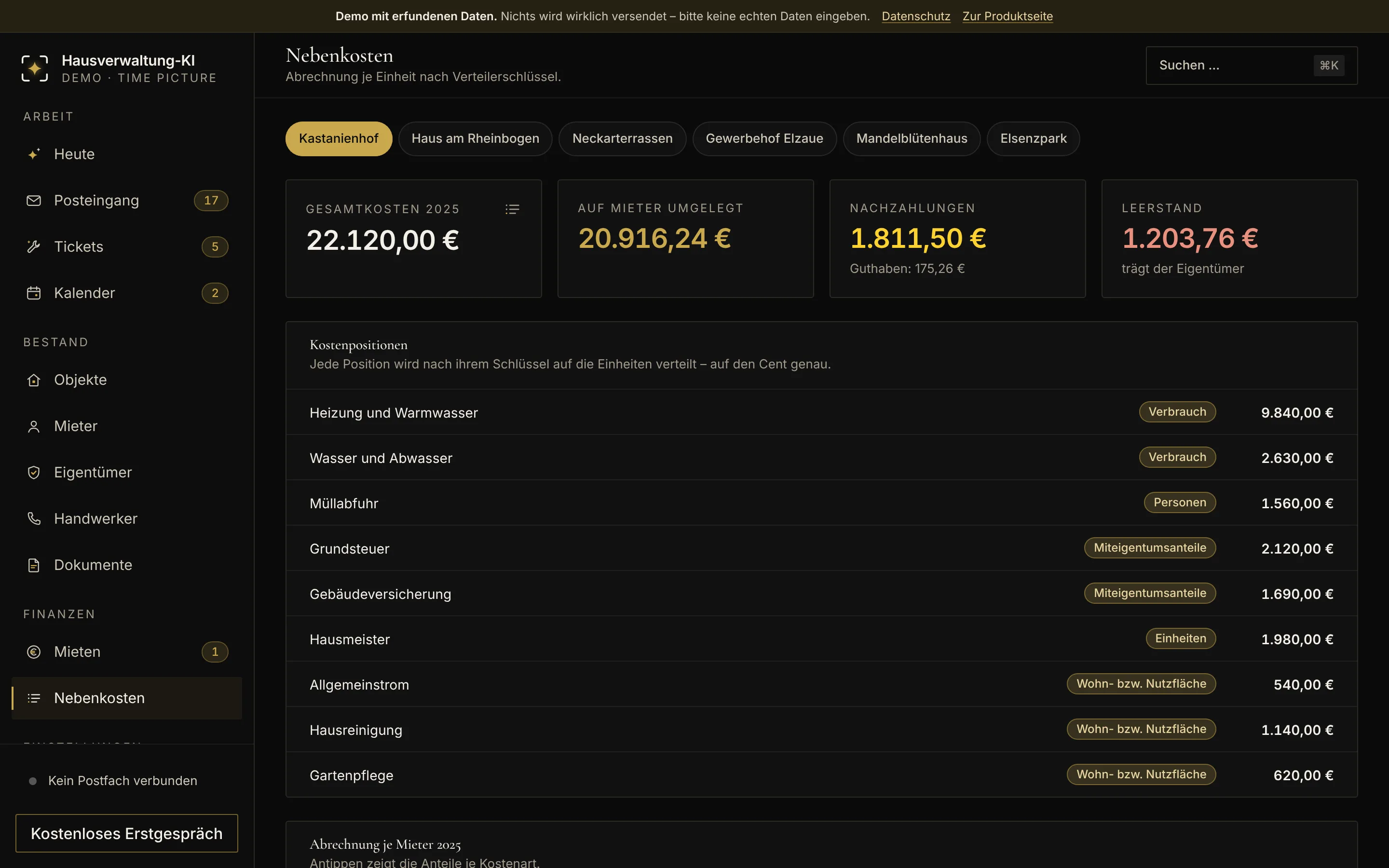 Demo der Hausverwaltung-KI: Nebenkostenabrechnung je Einheit