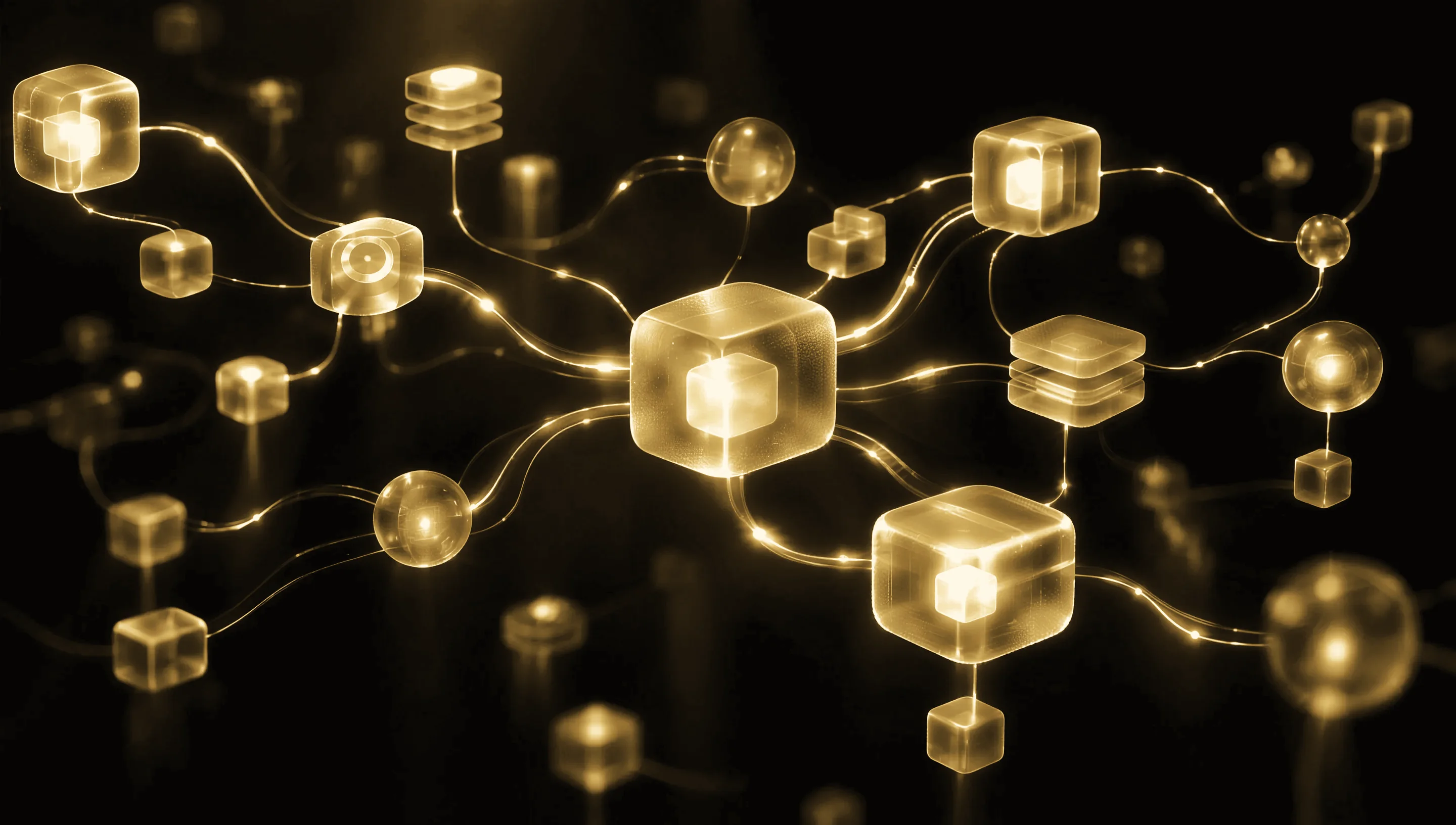 Leuchtende Knoten aus Glas, zu einem Netz verbunden