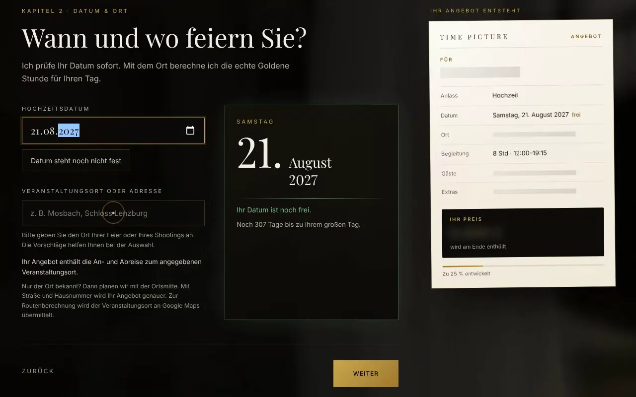 Angebotsrechner auf time-picture.com: Datum und Ort gewählt, das Angebot entsteht daneben