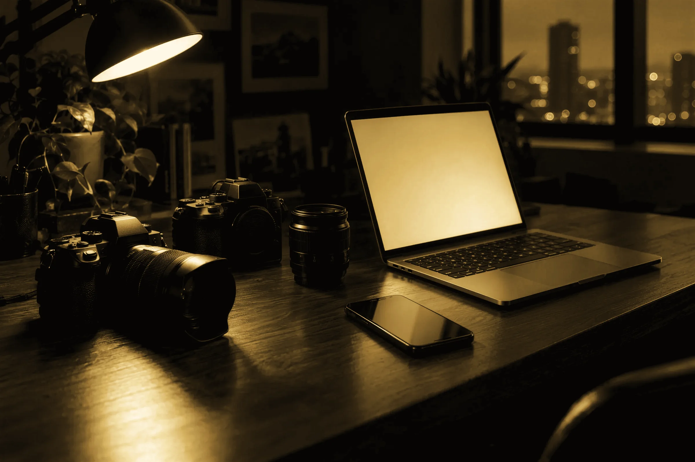 Arbeitsplatz bei Nacht mit zwei Kameras und einem Laptop